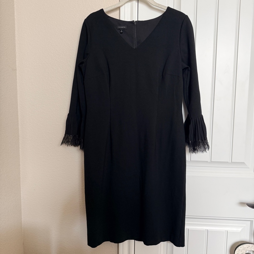 Talbots Black Dress with Lace Trim Sleeves Size 8